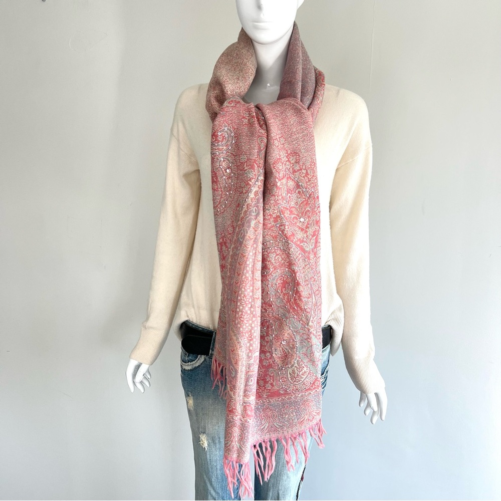 100% Pashmina Handmade Pink Turquoise Paisley Crystal Bead Long Wrap Shawl Scarf - Picture 6 of 13